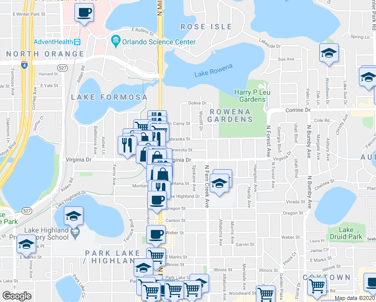 map of restaurants, bars, coffee shops, grocery stores, and more near 1422 Minnesota Street in Orlando