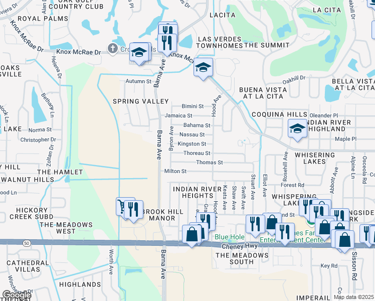 map of restaurants, bars, coffee shops, grocery stores, and more near 1590 Thoreau Street in Titusville