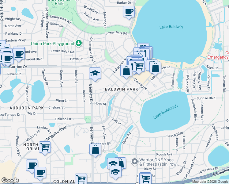 map of restaurants, bars, coffee shops, grocery stores, and more near in Orlando