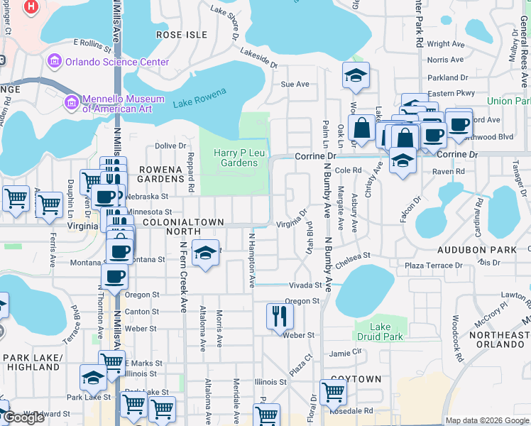 map of restaurants, bars, coffee shops, grocery stores, and more near 1410 North Forest Avenue in Orlando