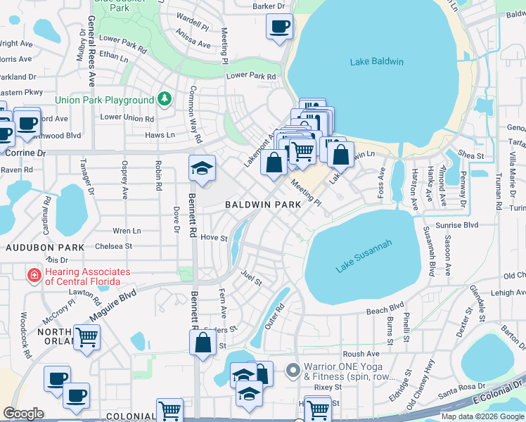 map of restaurants, bars, coffee shops, grocery stores, and more near 4688 New Broad Street in Orlando