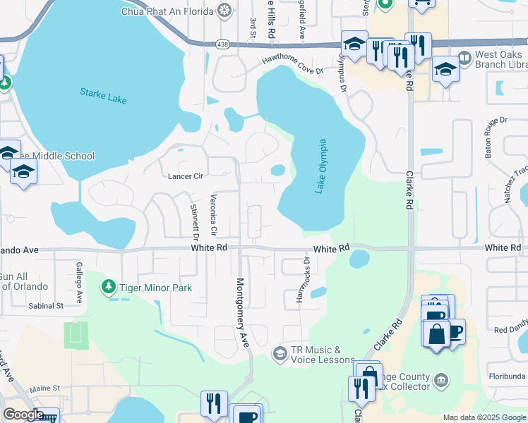 map of restaurants, bars, coffee shops, grocery stores, and more near 641 Olympic Drive in Ocoee