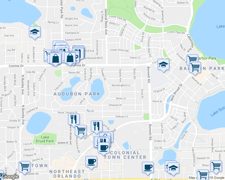 map of restaurants, bars, coffee shops, grocery stores, and more near 3631 Virginia Drive in Orlando