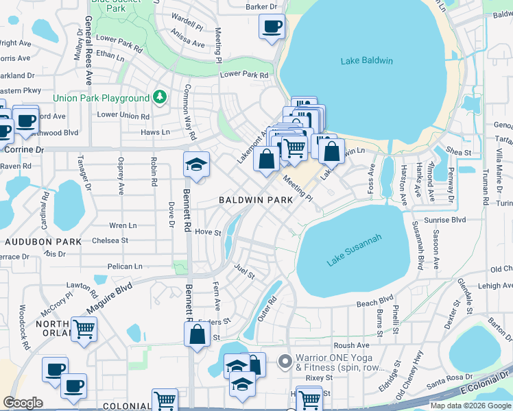 map of restaurants, bars, coffee shops, grocery stores, and more near 4688 New Broad Street in Orlando
