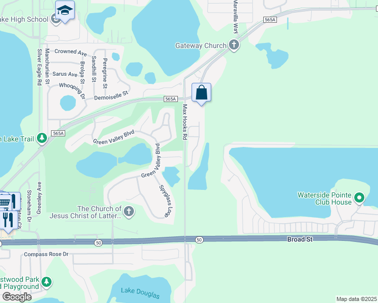 map of restaurants, bars, coffee shops, grocery stores, and more near 1023 Green Gate Boulevard in Groveland