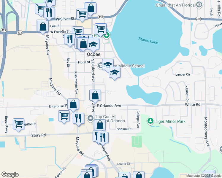 map of restaurants, bars, coffee shops, grocery stores, and more near 400 South Lakewood Avenue in Ocoee