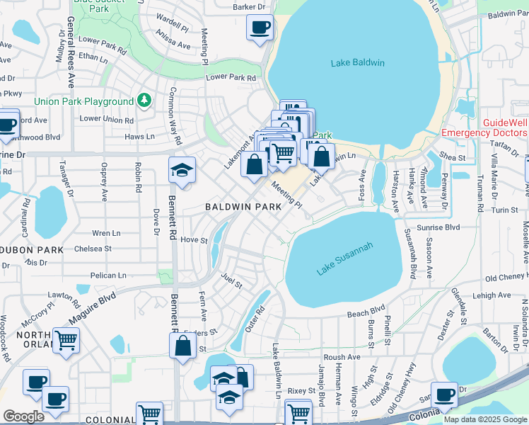 map of restaurants, bars, coffee shops, grocery stores, and more near 4700 Anson Lane in Orlando