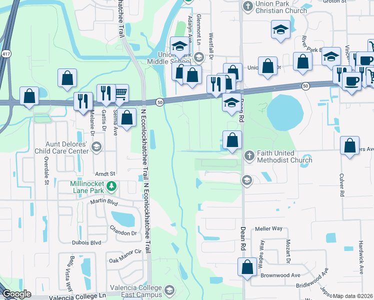map of restaurants, bars, coffee shops, grocery stores, and more near 1500 Miami Road in Orlando