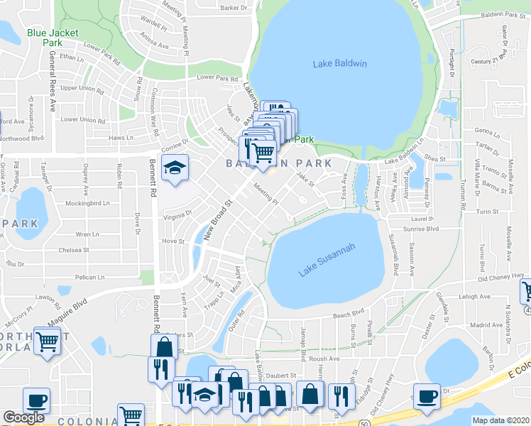 map of restaurants, bars, coffee shops, grocery stores, and more near 1308 Lake Baldwin Lane in Orlando