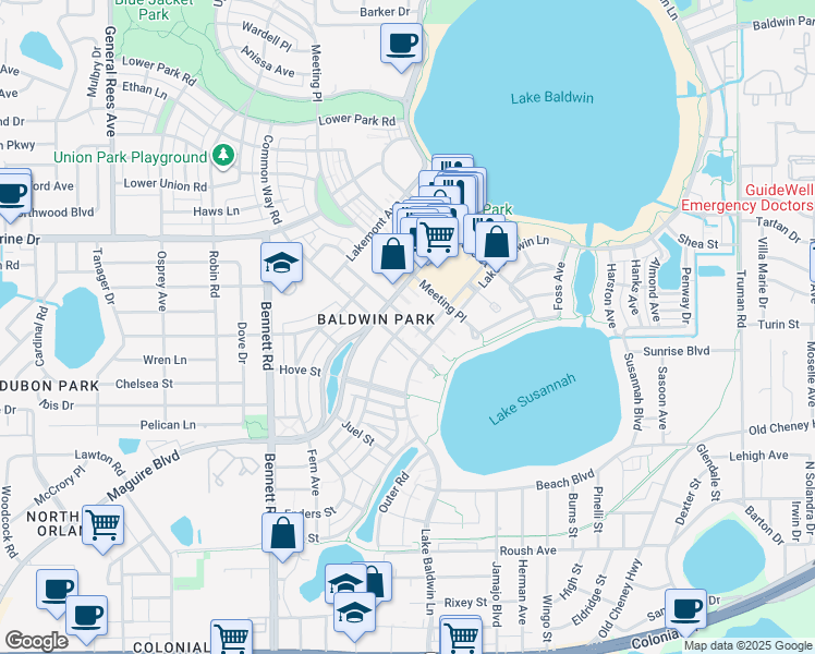 map of restaurants, bars, coffee shops, grocery stores, and more near 4700 Anson Lane in Orlando