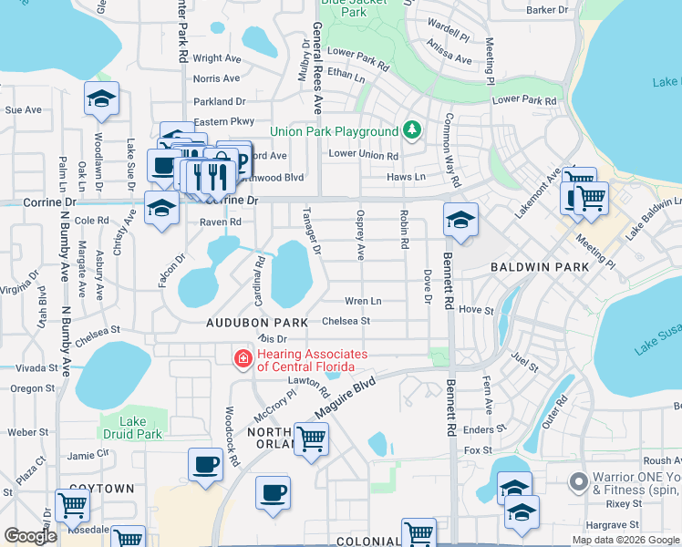 map of restaurants, bars, coffee shops, grocery stores, and more near 3631 Virginia Drive in Orlando