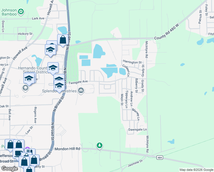 map of restaurants, bars, coffee shops, grocery stores, and more near 2120 Fosters Place in Brooksville
