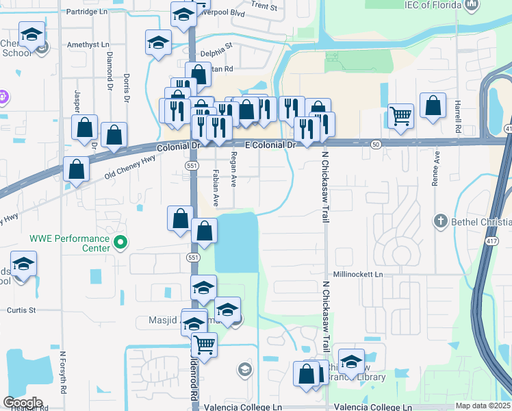 map of restaurants, bars, coffee shops, grocery stores, and more near 1518 Salem Drive in Orlando