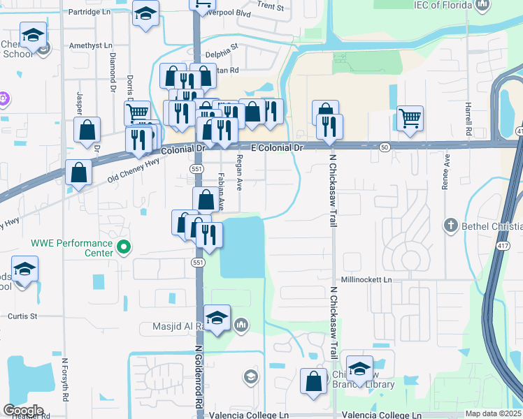 map of restaurants, bars, coffee shops, grocery stores, and more near 1518 Salem Drive in Orlando