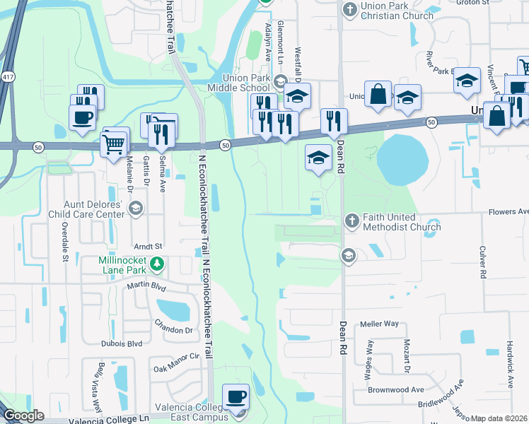 map of restaurants, bars, coffee shops, grocery stores, and more near 1500 Miami Road in Orlando