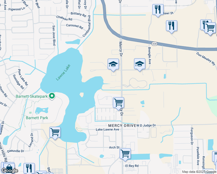 map of restaurants, bars, coffee shops, grocery stores, and more near 1704 Mercy Drive in Orlando