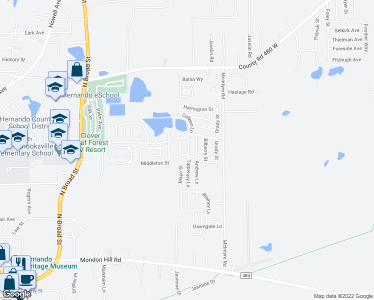 map of restaurants, bars, coffee shops, grocery stores, and more near 4214 Tipperary Lane in Brooksville