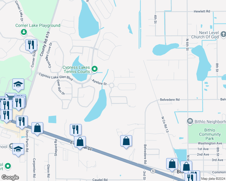 map of restaurants, bars, coffee shops, grocery stores, and more near 1425 Richmond Grand Avenue in Orlando