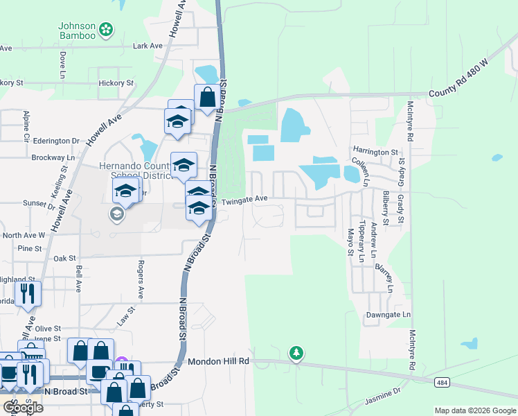 map of restaurants, bars, coffee shops, grocery stores, and more near 1100 Tory Court in Brooksville