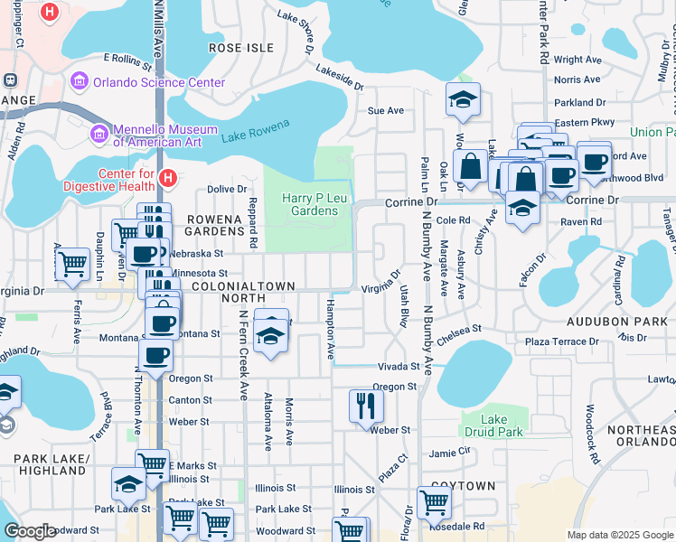 map of restaurants, bars, coffee shops, grocery stores, and more near 1410 North Forest Avenue in Orlando