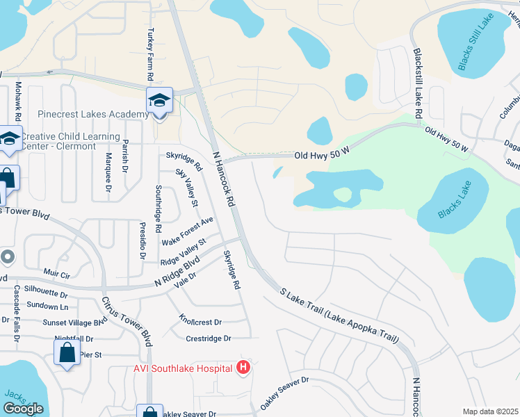 map of restaurants, bars, coffee shops, grocery stores, and more near 2241 Caledonian Street in Clermont