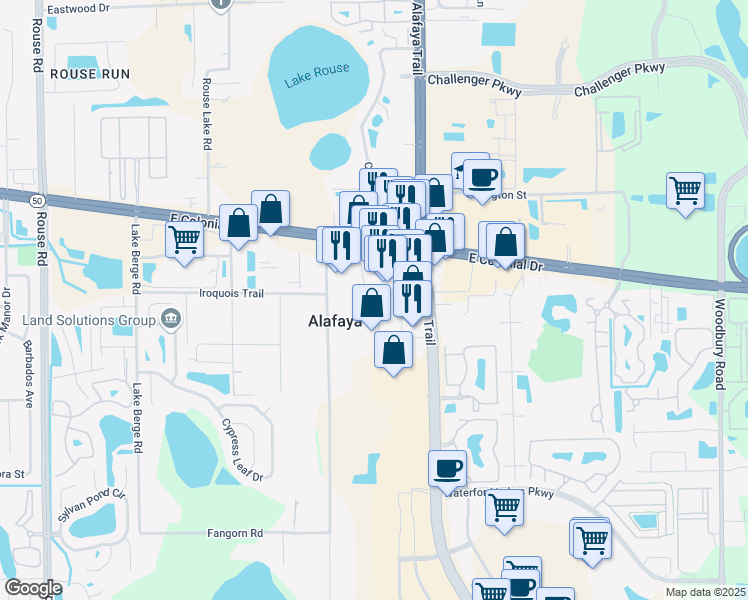 map of restaurants, bars, coffee shops, grocery stores, and more near 11620 Iroquois Trail in Orlando