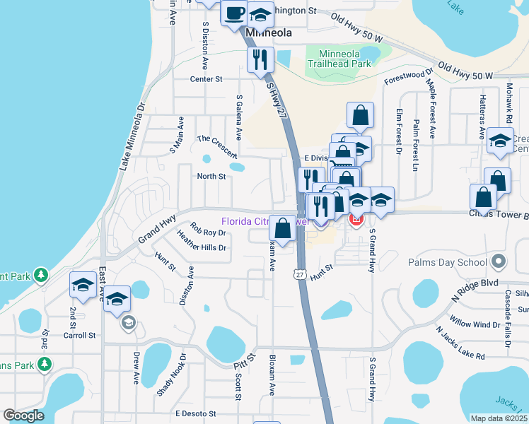map of restaurants, bars, coffee shops, grocery stores, and more near 642 East Grand Highway in Clermont