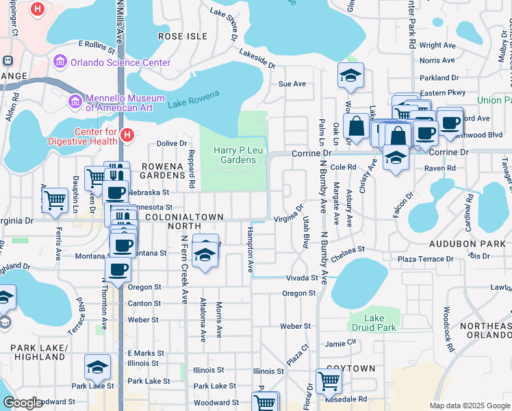 map of restaurants, bars, coffee shops, grocery stores, and more near 1410 North Forest Avenue in Orlando
