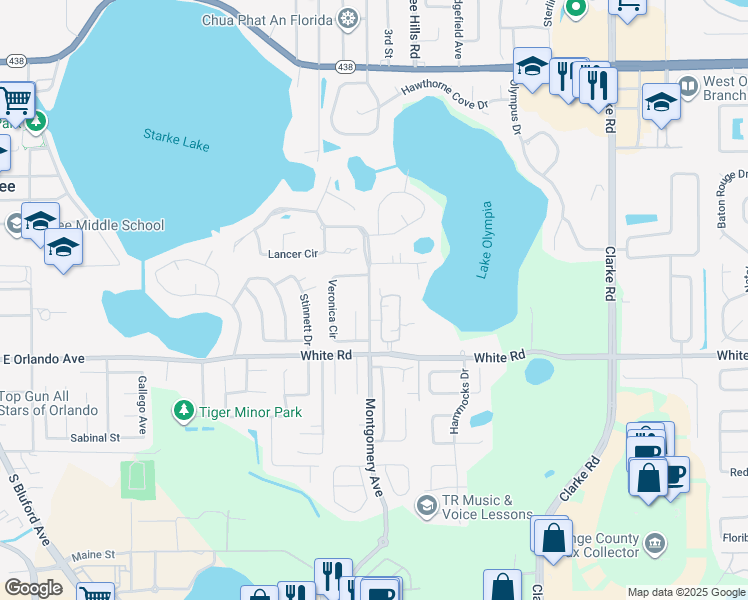 map of restaurants, bars, coffee shops, grocery stores, and more near 360 Kaila Court in Ocoee