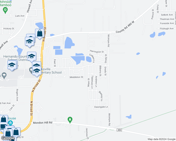 map of restaurants, bars, coffee shops, grocery stores, and more near 4109 Mayo Street in Brooksville