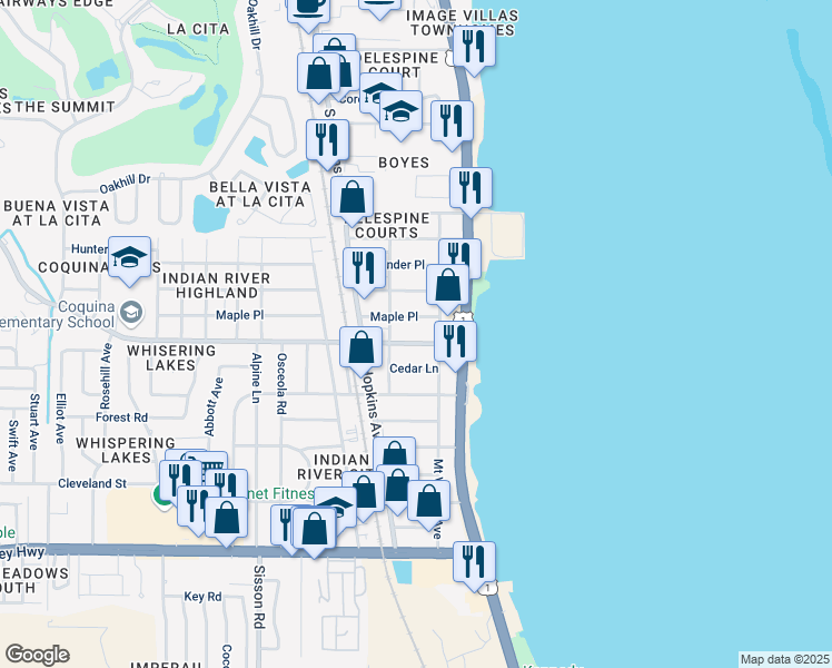 map of restaurants, bars, coffee shops, grocery stores, and more near 228 Knox McRae Drive in Titusville