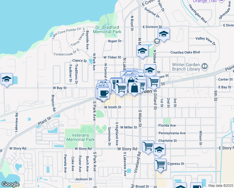 map of restaurants, bars, coffee shops, grocery stores, and more near 300 West Plant Street in Winter Garden