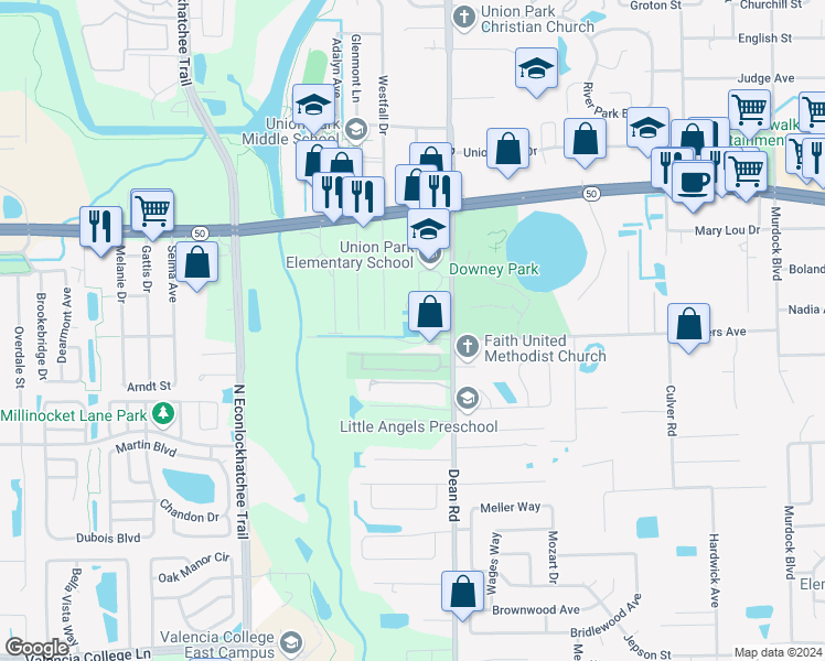 map of restaurants, bars, coffee shops, grocery stores, and more near 1502 North Dean Road in Orlando