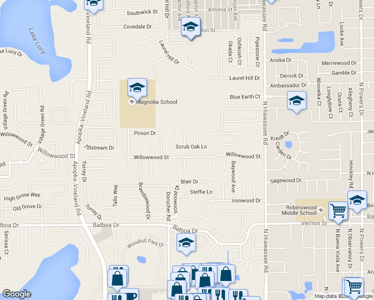 map of restaurants, bars, coffee shops, grocery stores, and more near 7105 Willowwood Street in Orlando