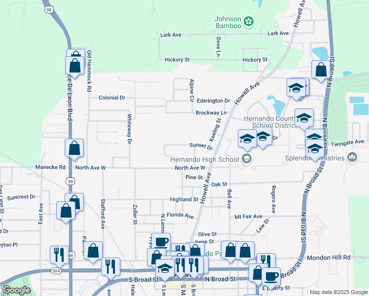 map of restaurants, bars, coffee shops, grocery stores, and more near 107 Sunset Drive in Brooksville