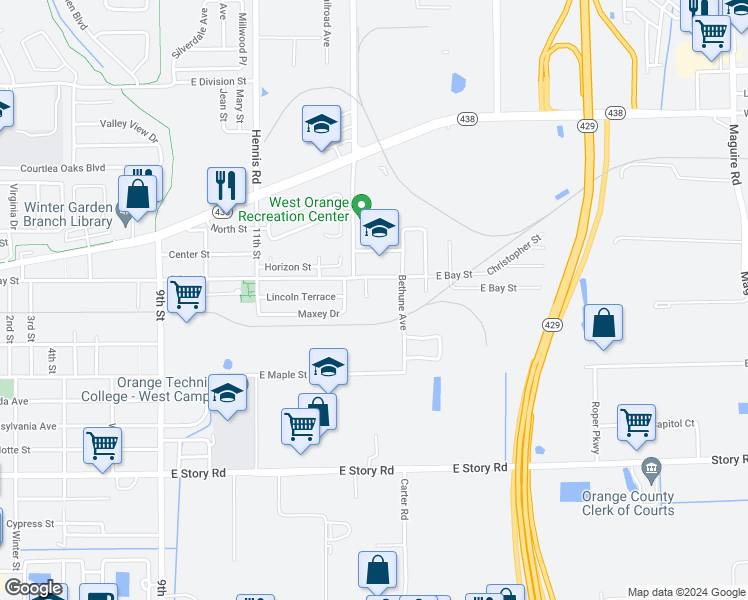 map of restaurants, bars, coffee shops, grocery stores, and more near 633 East Bay Cove in Winter Garden