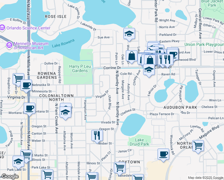 map of restaurants, bars, coffee shops, grocery stores, and more near 2340 Virginia Drive in Orlando