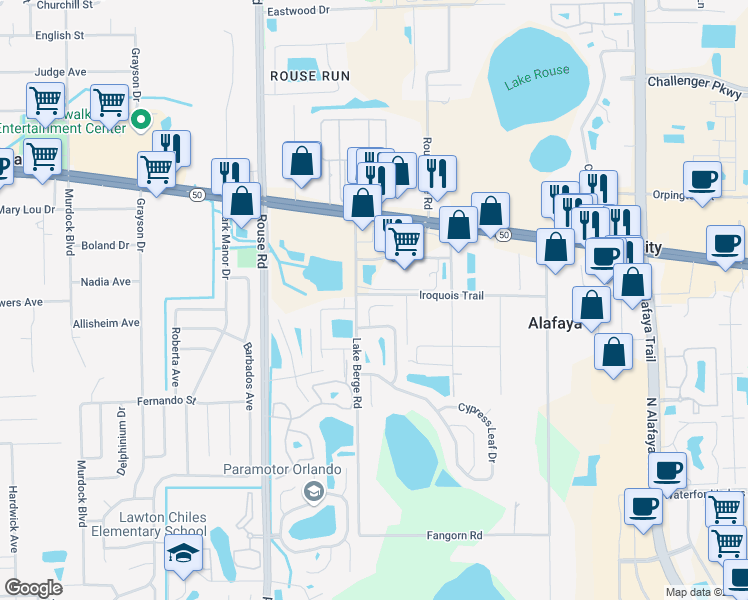 map of restaurants, bars, coffee shops, grocery stores, and more near 1426 Pon Pon Court in Orlando