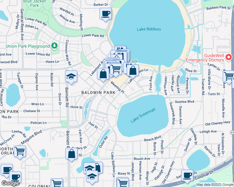 map of restaurants, bars, coffee shops, grocery stores, and more near 1308 Lake Baldwin Lane in Orlando