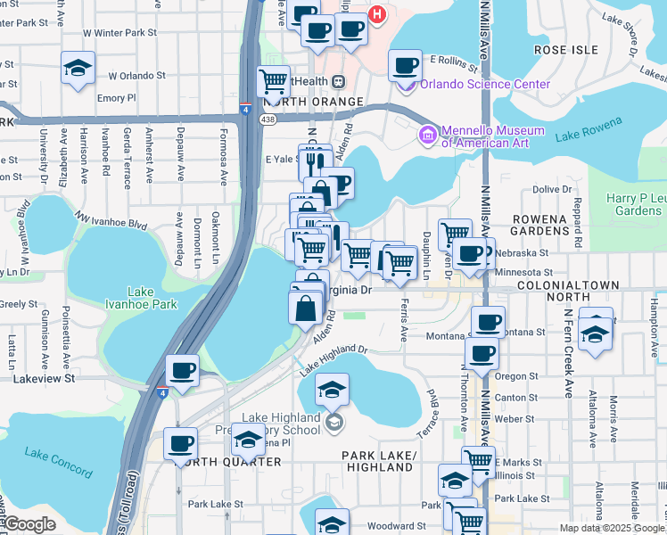 map of restaurants, bars, coffee shops, grocery stores, and more near 1460 Alden Road in Orlando