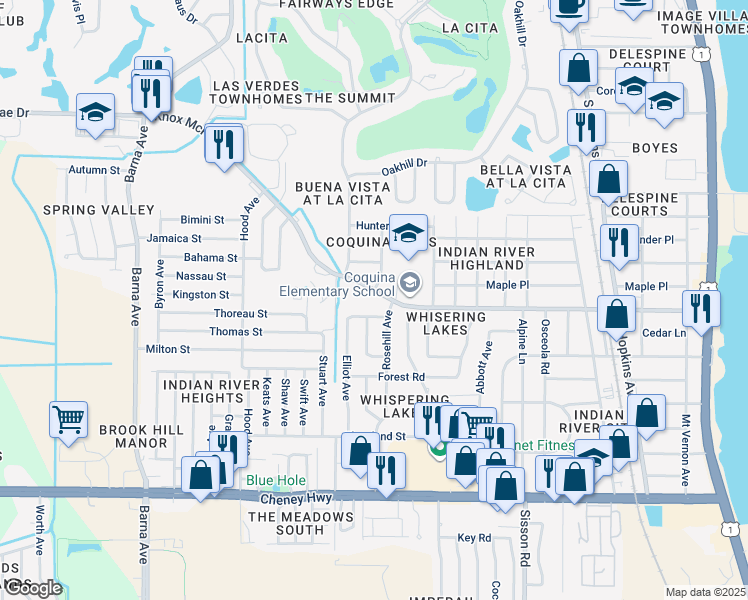 map of restaurants, bars, coffee shops, grocery stores, and more near 900 Rozen Avenue in Titusville