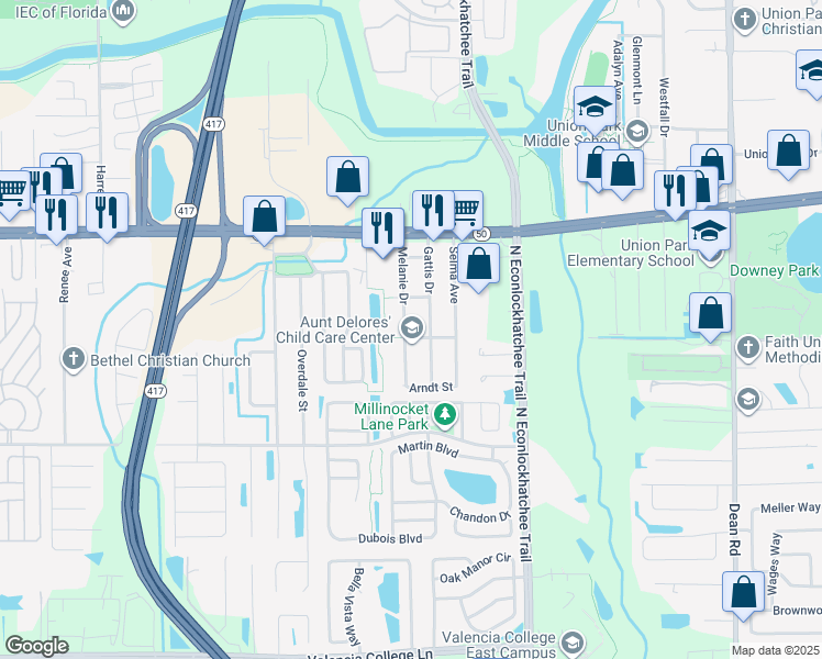 map of restaurants, bars, coffee shops, grocery stores, and more near 1418 Melanie Drive in Orlando