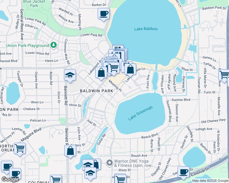 map of restaurants, bars, coffee shops, grocery stores, and more near 1308 Lake Baldwin Lane in Orlando