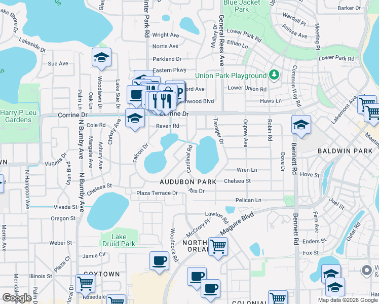 map of restaurants, bars, coffee shops, grocery stores, and more near 1417 Cardinal Road in Orlando