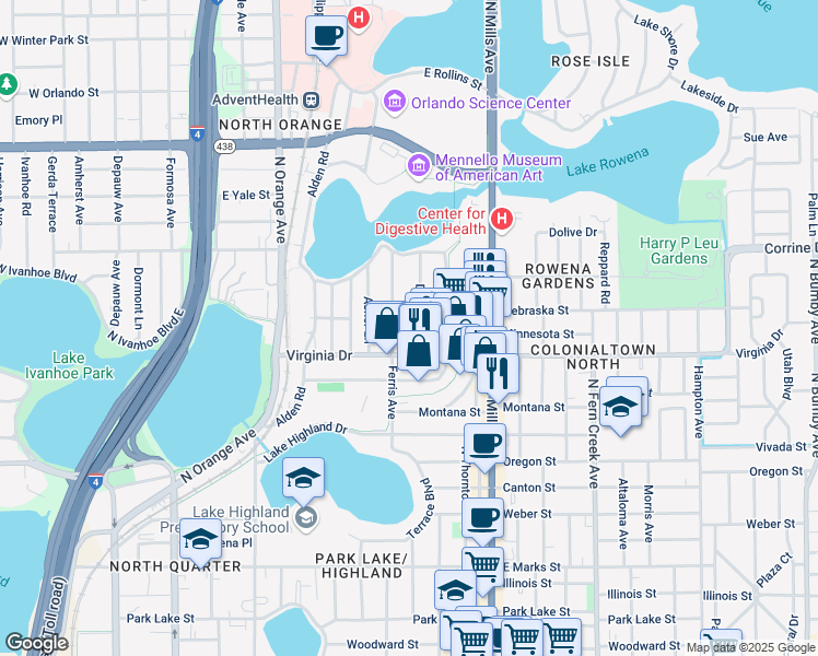 map of restaurants, bars, coffee shops, grocery stores, and more near 1412 Dauphin Lane in Orlando