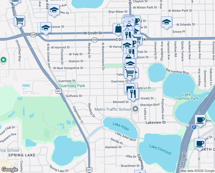 map of restaurants, bars, coffee shops, grocery stores, and more near 922 Shady Lane Drive in Orlando