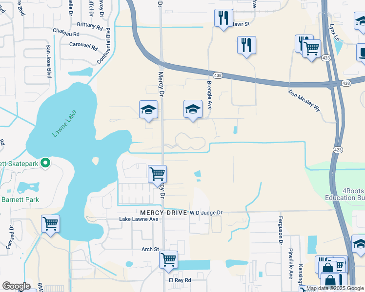 map of restaurants, bars, coffee shops, grocery stores, and more near 1663 Mercy Drive in Orlando