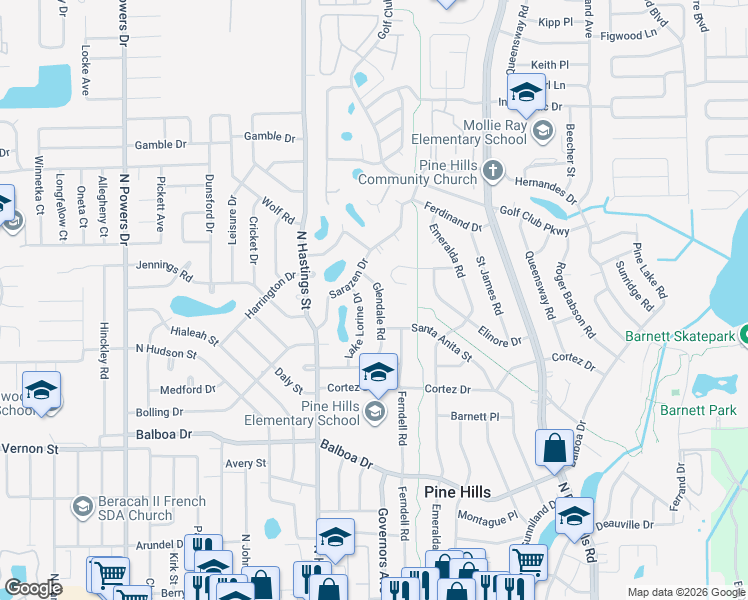 map of restaurants, bars, coffee shops, grocery stores, and more near 1801 Lake Lorine Drive in Orlando