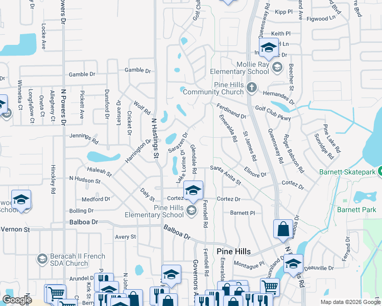 map of restaurants, bars, coffee shops, grocery stores, and more near 1801 Lake Lorine Drive in Orlando