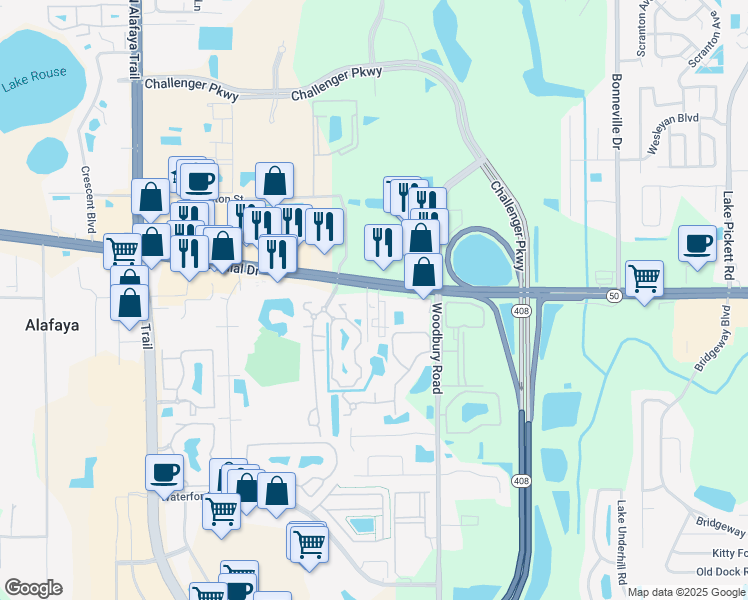 map of restaurants, bars, coffee shops, grocery stores, and more near 12250 East Colonial Drive in Orlando